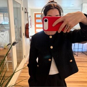 Zara Black Textured Cropped Blazer with Gold Buttons